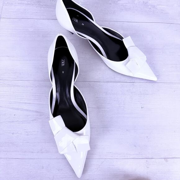 Zara Pointed Toe Patent Leather Pumps Kitten Heels Size 8 White Bow Detail - Picture 14 of 15